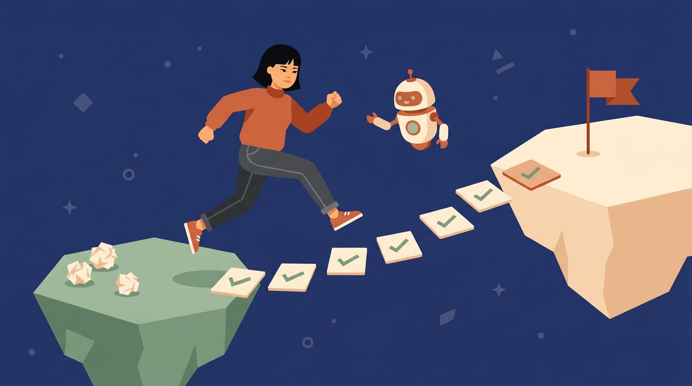 A student running from a low platform across stepping stones of completed rewrites towards a higher platform with a flag, guided by a friendly robot