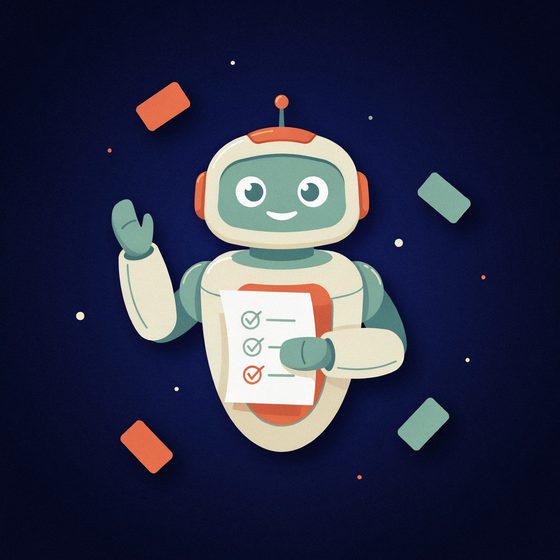 A friendly cream and sage robot assistant politely holding up a marked checklist